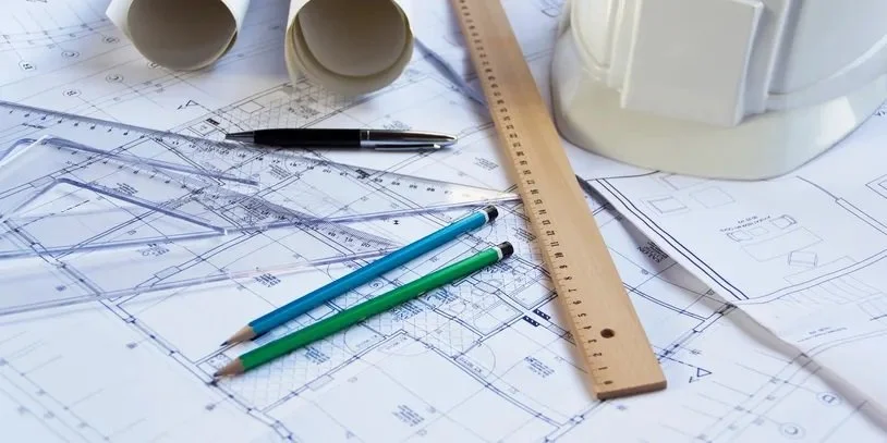Architectural blueprints and construction plans spread on a table  —  the right questions to ask your custom home builder and detailed trim details