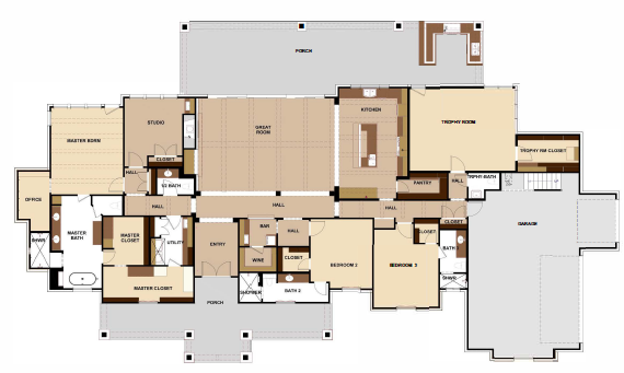 Architectural blueprint floor plan design of The Trinity custom home